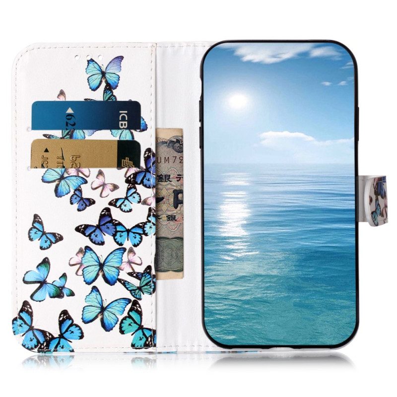 Leren Hoesje Samsung Galaxy S24 Fe Blauwe Vlinders Tijdens De Vlucht