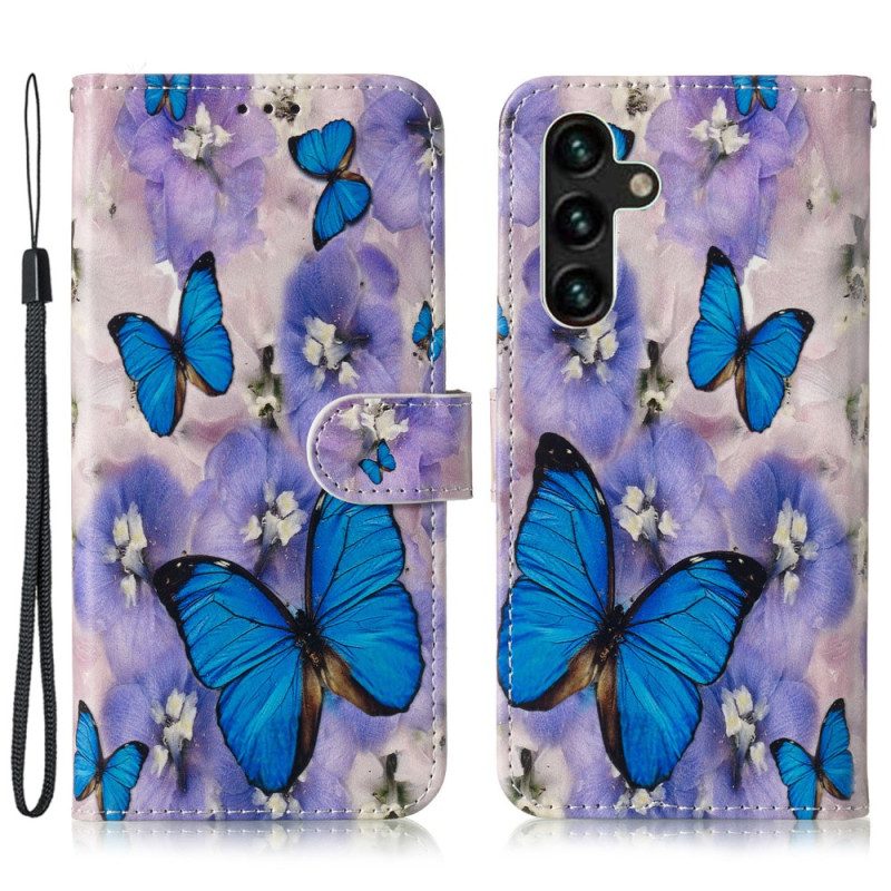 Leren Hoesje Samsung Galaxy S24 Fe Paarse Bloemen En Blauwe Vlinders