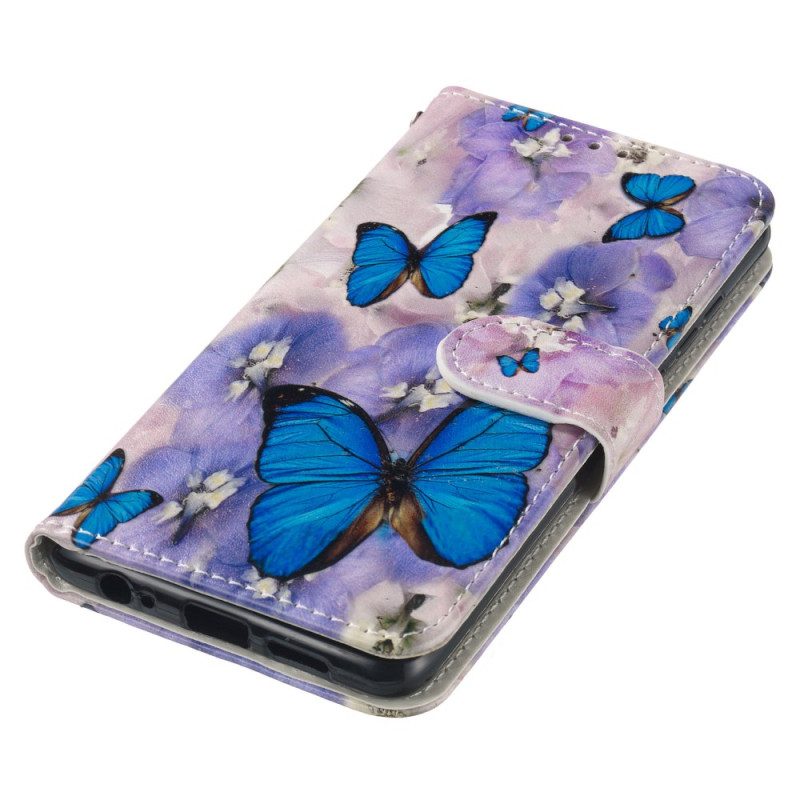 Leren Hoesje Samsung Galaxy S24 Fe Paarse Bloemen En Blauwe Vlinders