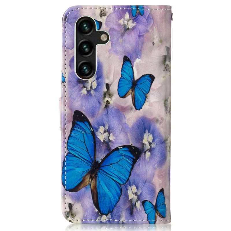 Leren Hoesje Samsung Galaxy S24 Fe Paarse Bloemen En Blauwe Vlinders