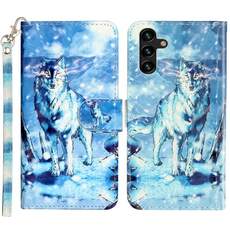 Leren Hoesje Samsung Galaxy S24 Fe Sneeuwwolf Met Riem Bescherming Hoesje