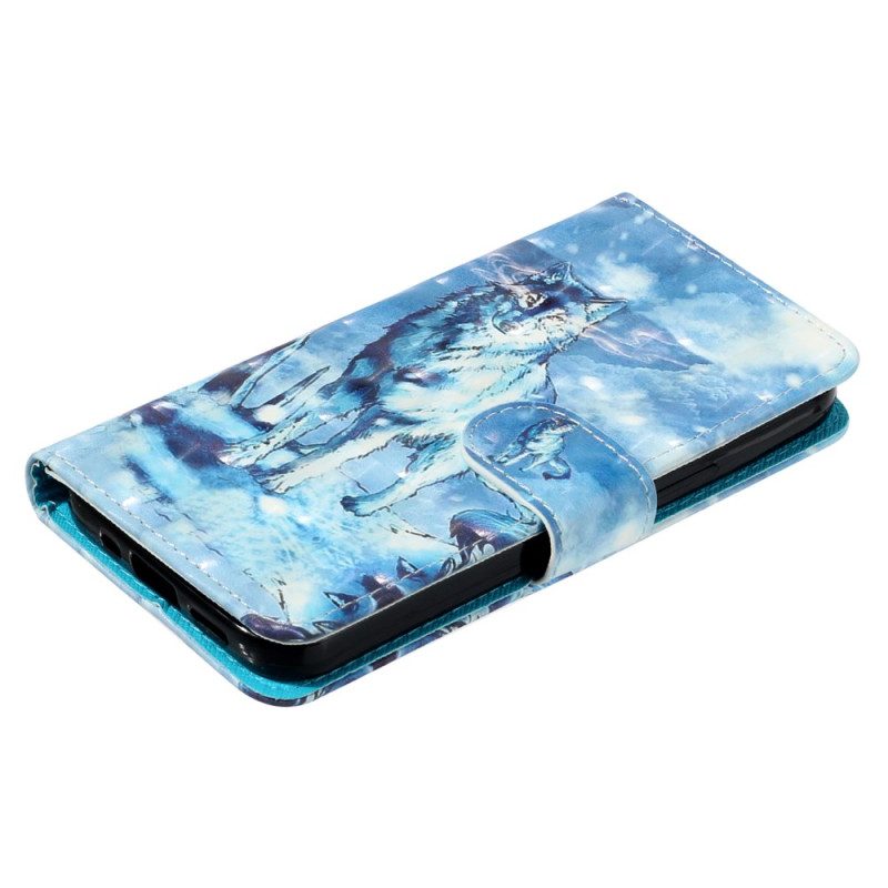 Leren Hoesje Samsung Galaxy S24 Fe Sneeuwwolf Met Riem Bescherming Hoesje