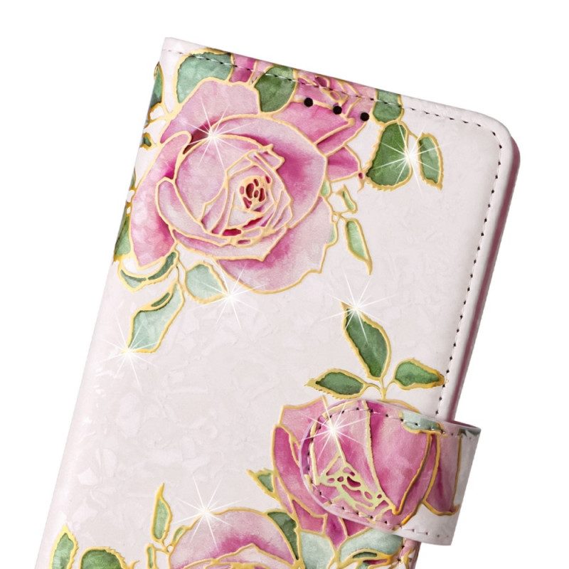 Folio-hoesje voor Samsung Galaxy S23 Plus 5G Rfid-bloemen Met Sleutelkoord