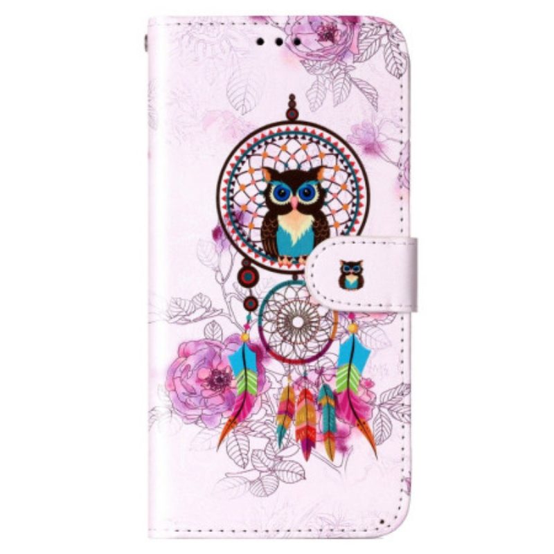 Leren Hoesje voor Samsung Galaxy S23 Plus 5G Met Ketting Uil Dromenvanger Met Riem