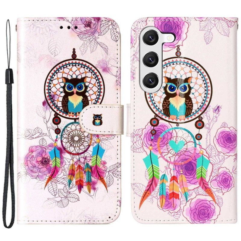 Leren Hoesje voor Samsung Galaxy S23 Plus 5G Met Ketting Uil Dromenvanger Met Riem