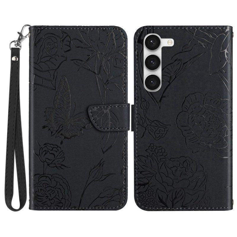 Leren Hoesje voor Samsung Galaxy S23 Plus 5G Vlinder Met Lanyard