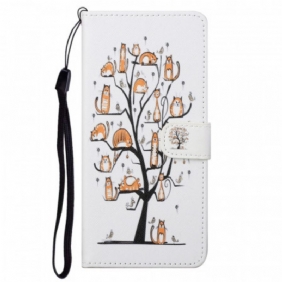 Leren Hoesje voor Moto G71 5G Met Ketting Funky Cats Met Riem