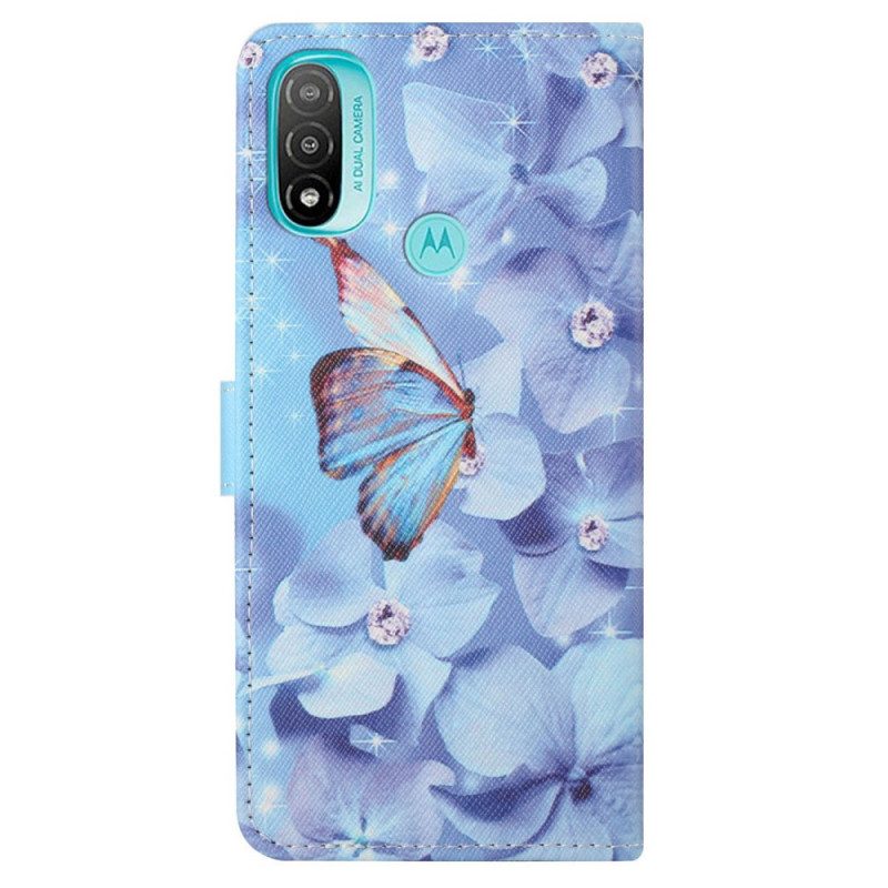 Leren Hoesje voor Moto G71 5G Met Ketting Strappy Diamanten Vlinders