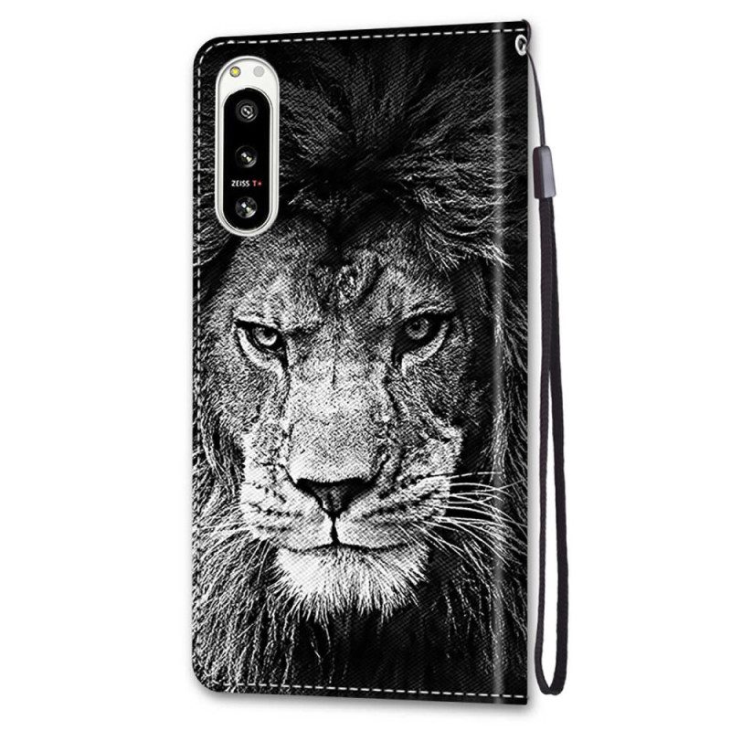 Flip Case voor Sony Xperia 5 IV Met Ketting Lanyard Leeuw