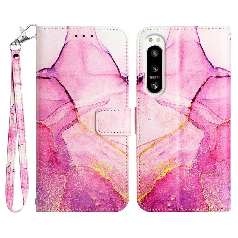 Leren Hoesje voor Sony Xperia 5 IV Marmer Met Lanyard