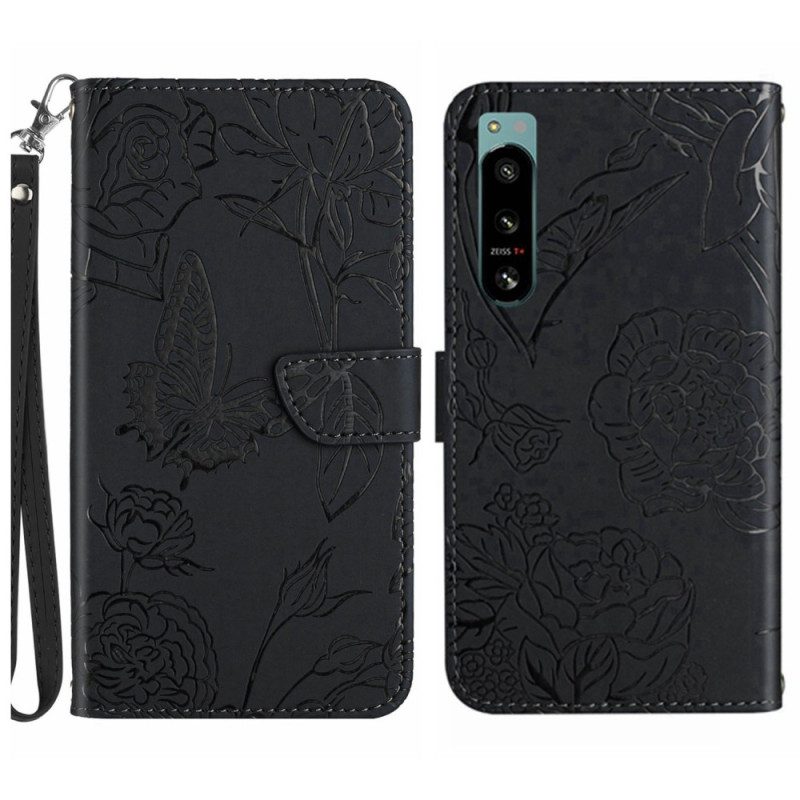 Leren Hoesje voor Sony Xperia 5 IV Vlinders Met Lanyard