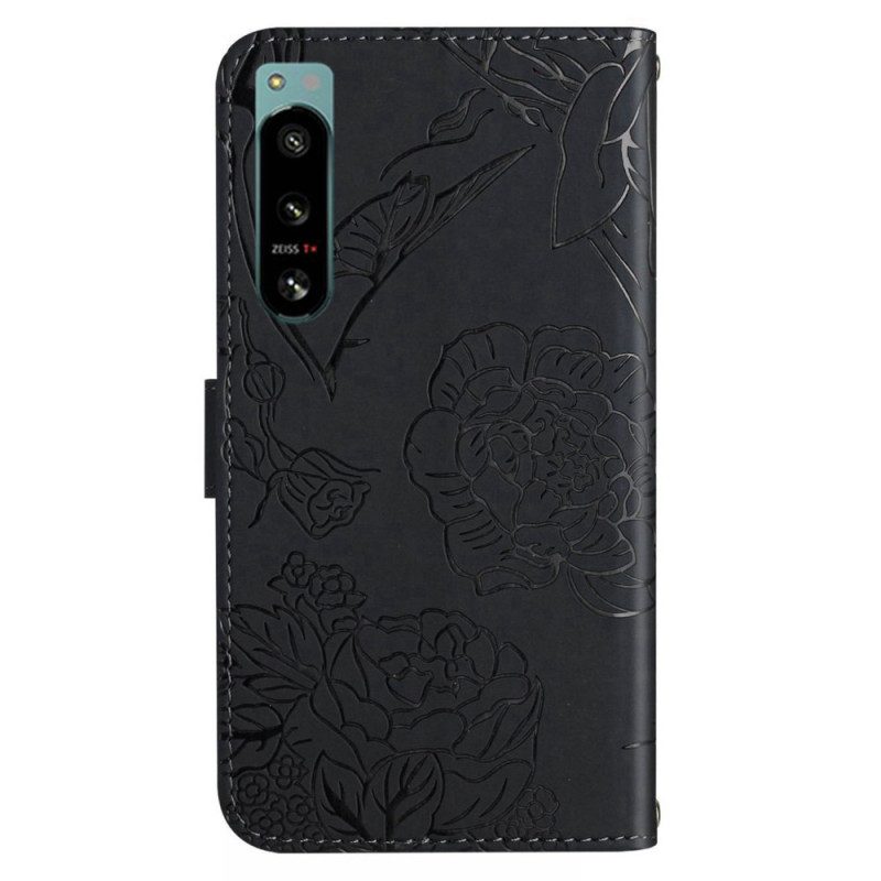 Leren Hoesje voor Sony Xperia 5 IV Vlinders Met Lanyard