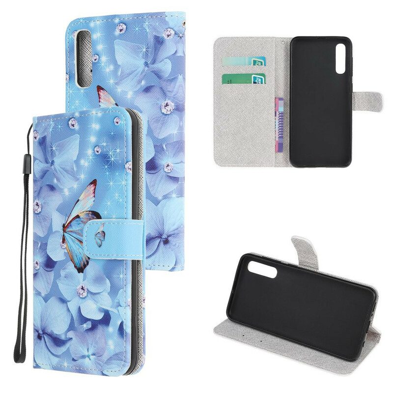 Folio-hoesje voor Huawei P Smart S Met Ketting Strappy Diamanten Vlinders