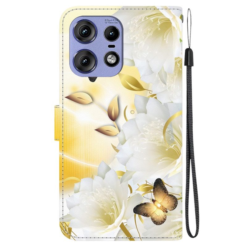 Bescherming Hoesje Motorola Edge 50 Pro Gouden Vlinders En Witte Bloemen Met Riem