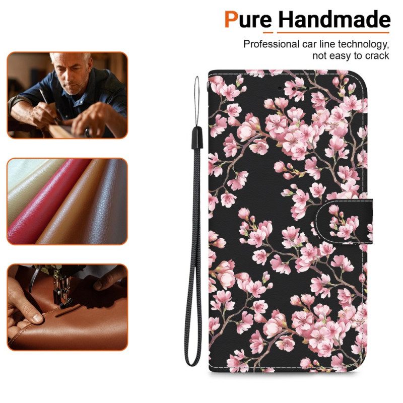 Flip Case Leren Motorola Edge 50 Pro Pruimenbloesems Met Riempje