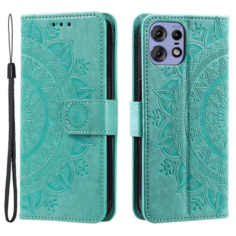 Leren Hoesje Motorola Edge 50 Pro Mandala Zon Met Riem Bescherming Hoesje