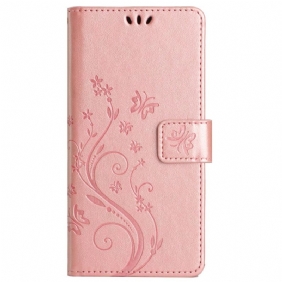 Leren Hoesje Voor Motorola Edge 50 Pro Vlinders En Bloemen Met Riem