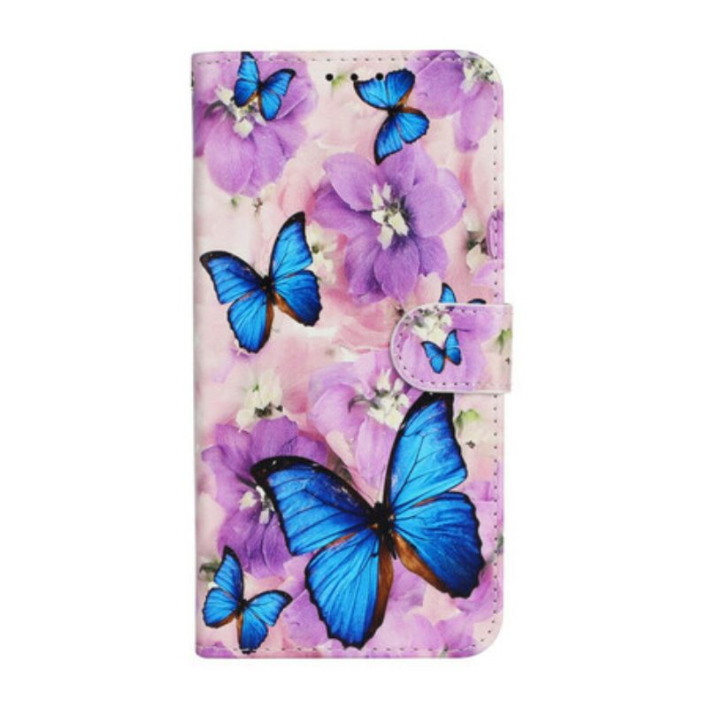 Folio-hoesje voor iPhone 13 Mini Blauwe Vlinders In Bloemen