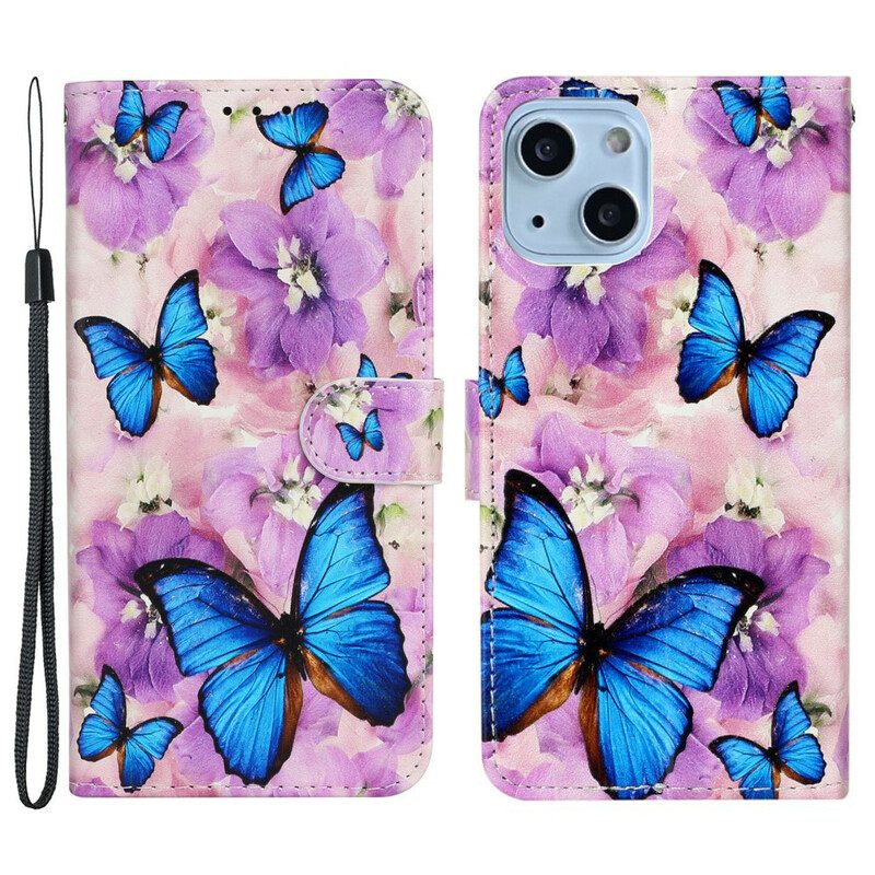 Folio-hoesje voor iPhone 13 Mini Blauwe Vlinders In Bloemen