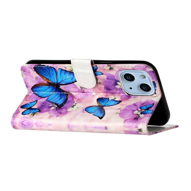 Folio-hoesje voor iPhone 13 Mini Blauwe Vlinders In Bloemen