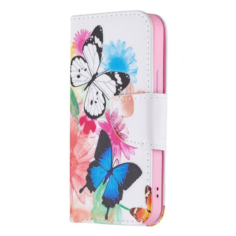 Folio-hoesje voor iPhone 13 Mini Geschilderde Vlinders En Bloemen