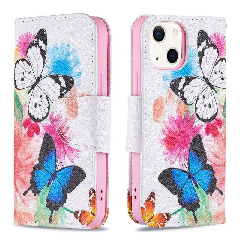 Folio-hoesje voor iPhone 13 Mini Geschilderde Vlinders En Bloemen