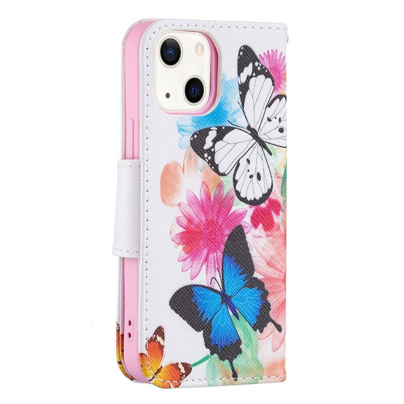 Folio-hoesje voor iPhone 13 Mini Geschilderde Vlinders En Bloemen