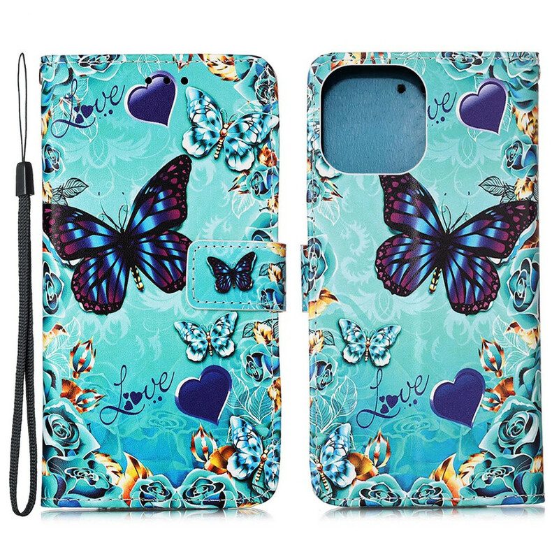 Folio-hoesje voor iPhone 13 Mini Met Ketting Hou Van Vlinders Strappy