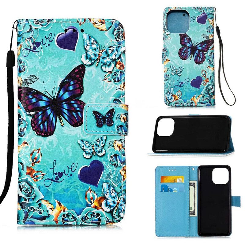 Folio-hoesje voor iPhone 13 Mini Met Ketting Hou Van Vlinders Strappy