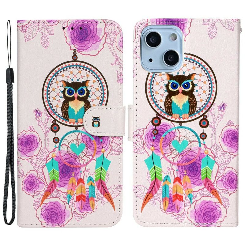 Folio-hoesje voor iPhone 13 Mini Met Ketting Strappy Uil Mandala