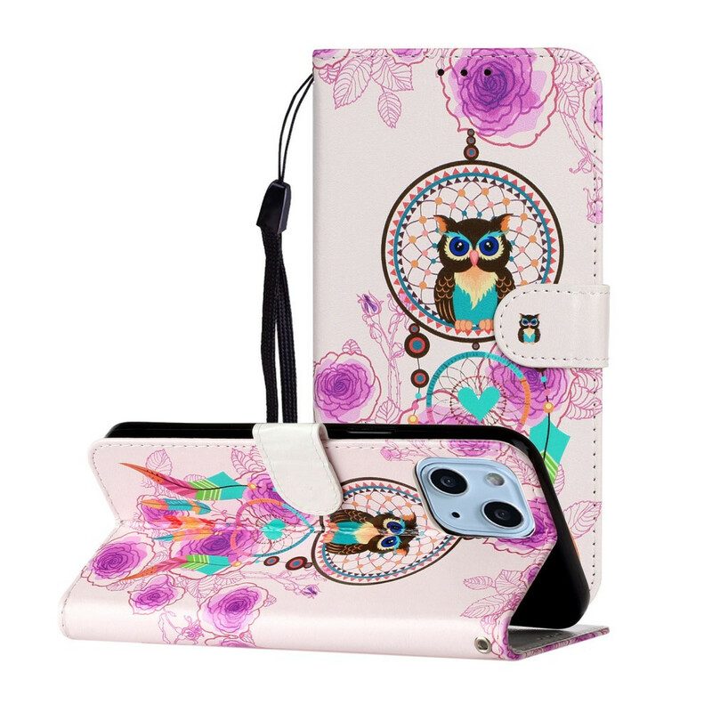 Folio-hoesje voor iPhone 13 Mini Met Ketting Strappy Uil Mandala