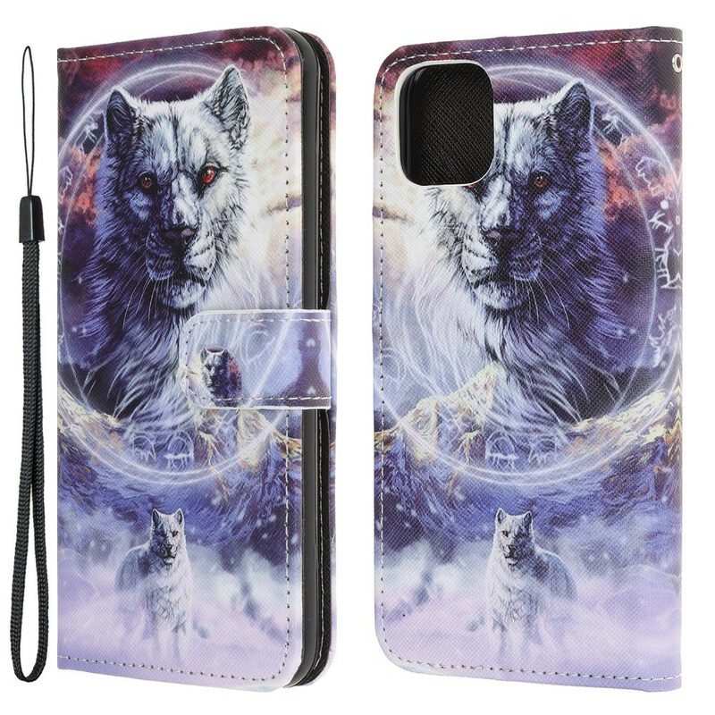 Folio-hoesje voor iPhone 13 Mini Wolf In De Winter Met Sleutelkoord