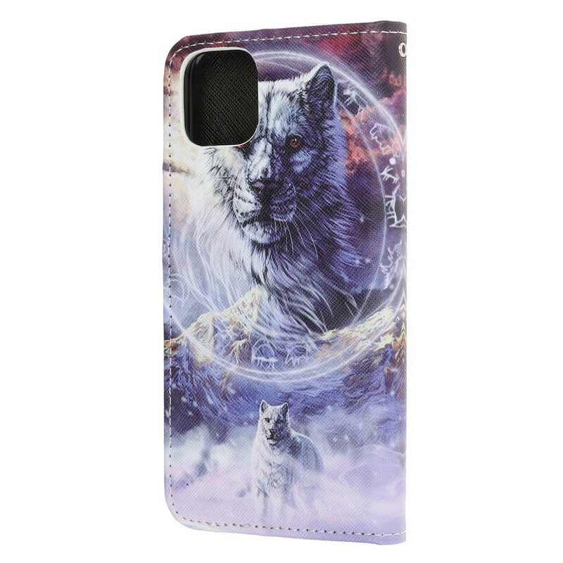 Folio-hoesje voor iPhone 13 Mini Wolf In De Winter Met Sleutelkoord