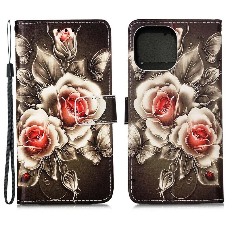 Leren Hoesje voor iPhone 13 Mini Gouden Rozen