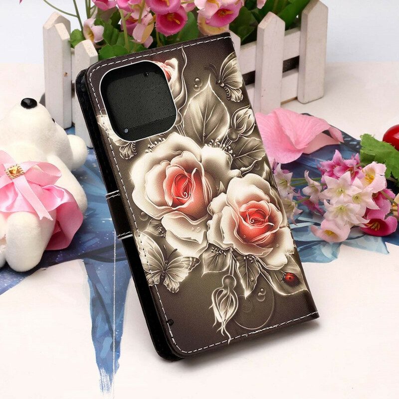 Leren Hoesje voor iPhone 13 Mini Gouden Rozen