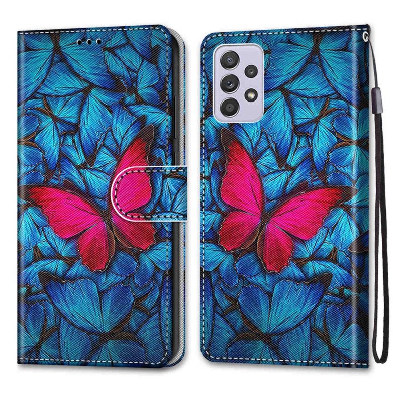 Folio-hoesje voor Samsung Galaxy A33 5G Rode Vlinder Blauwe Achtergrond