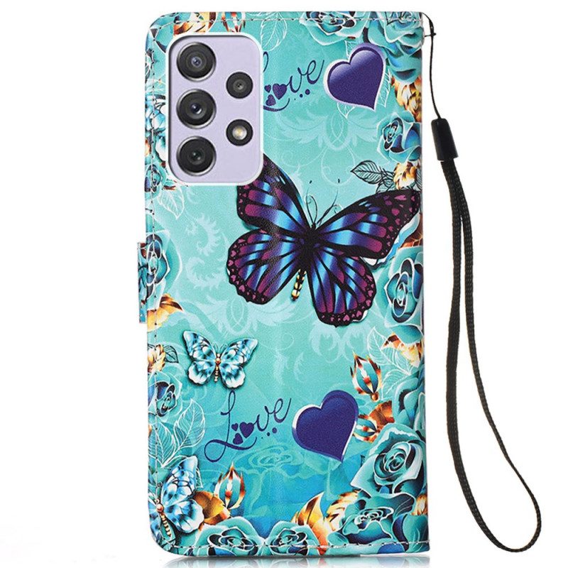 Leren Hoesje voor Samsung Galaxy A33 5G Met Ketting String Vlinders