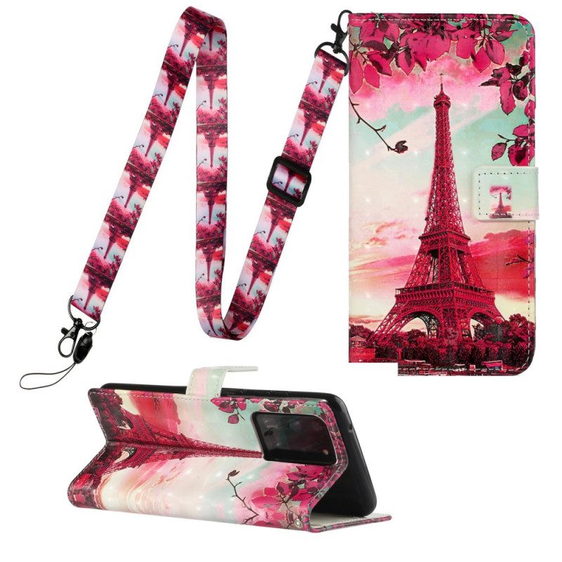 Flip Case voor Samsung Galaxy S20 Ultra Met Ketting Eiffeltoren Verstelbare Riem