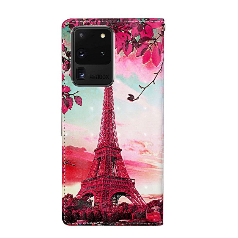 Flip Case voor Samsung Galaxy S20 Ultra Met Ketting Eiffeltoren Verstelbare Riem