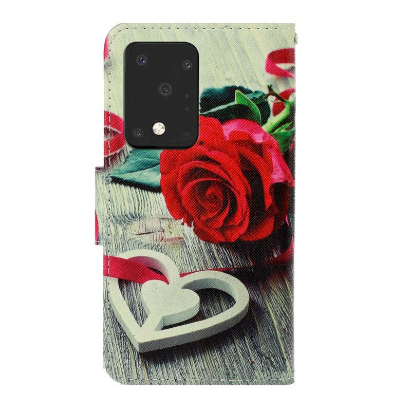 Flip Case voor Samsung Galaxy S20 Ultra Met Ketting Romantische Roos Met Riem