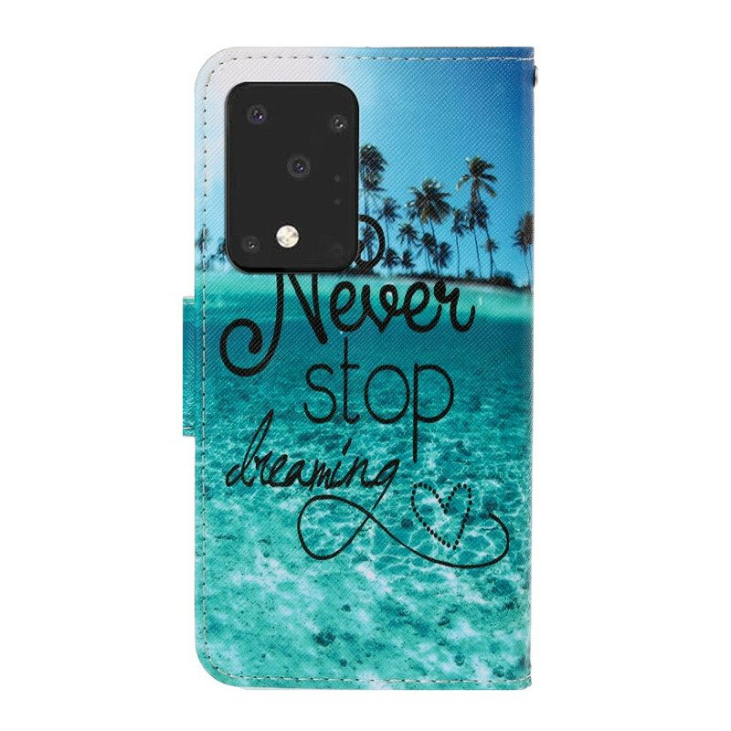 Flip Case voor Samsung Galaxy S20 Ultra Met Ketting Stop Nooit Met Dromen In Marineblauwe Bandjes