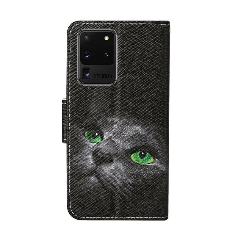 Folio-hoesje voor Samsung Galaxy S20 Ultra Kat Met Groene Ogen En Koord