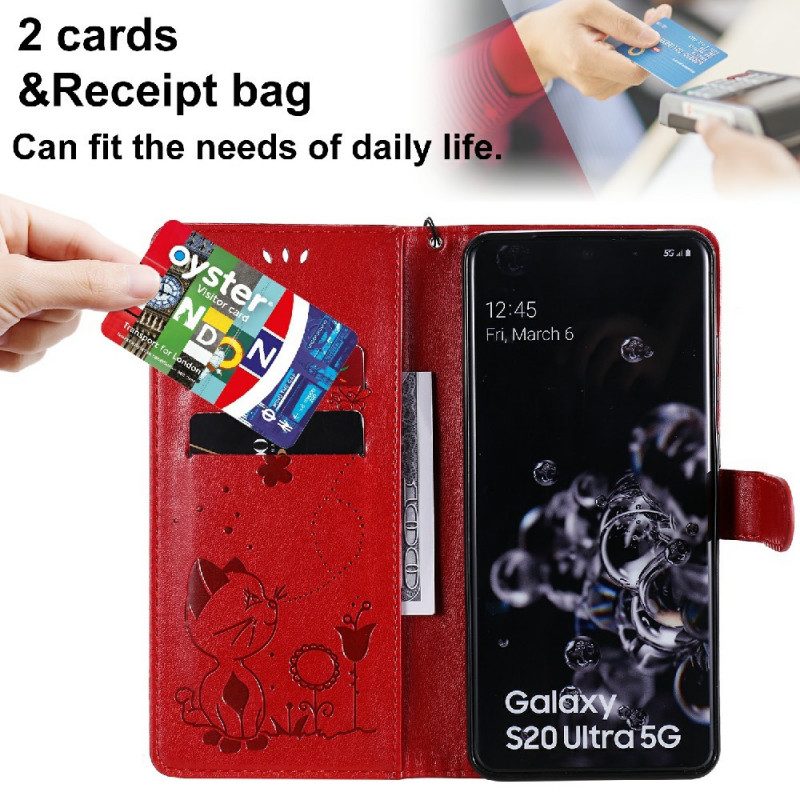 Folio-hoesje voor Samsung Galaxy S20 Ultra Met Ketting Kat En Bij Met Lanyard