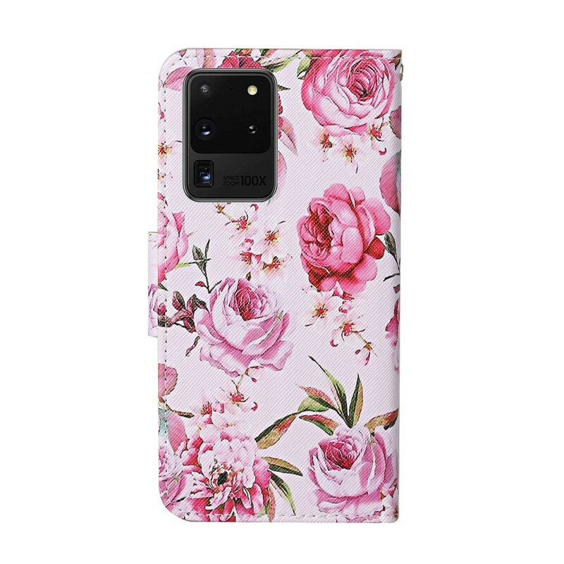 Leren Hoesje voor Samsung Galaxy S20 Ultra Meesterlijke Bloemen Met Riem