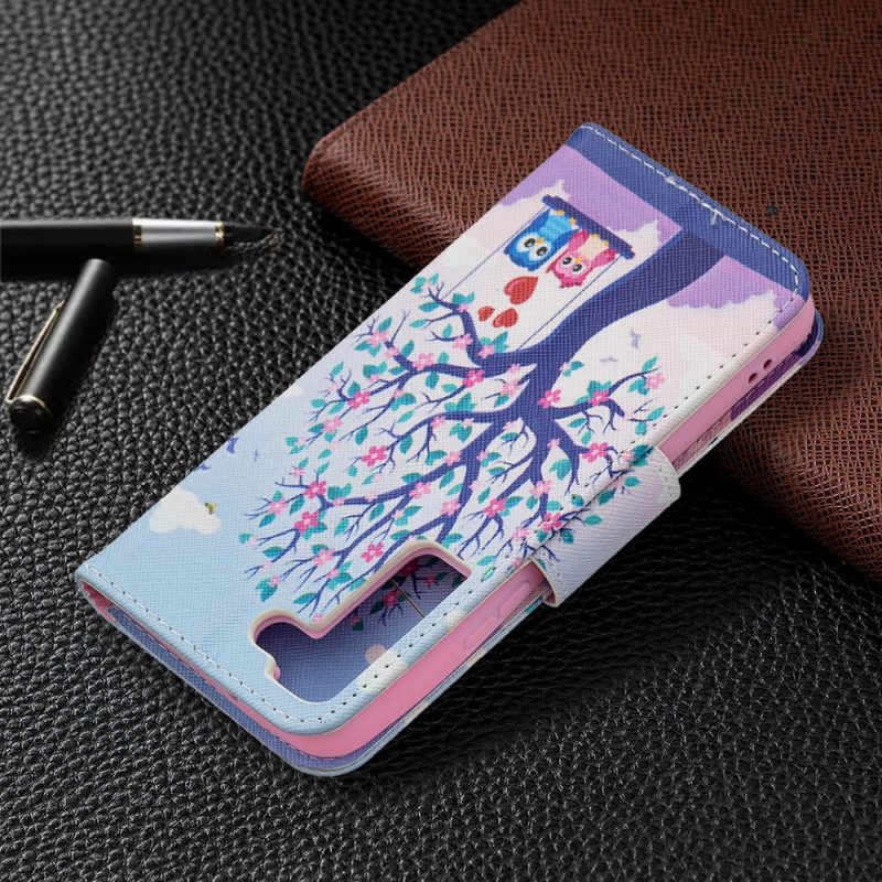 Flip Case voor Samsung Galaxy S22 5G Uilen Op De Schommel