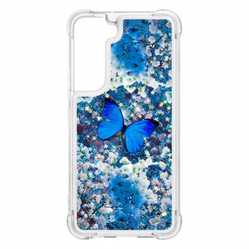 Hoesje voor Samsung Galaxy S22 5G Glitter Blauwe Vlinders