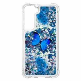 Hoesje voor Samsung Galaxy S22 5G Glitter Blauwe Vlinders