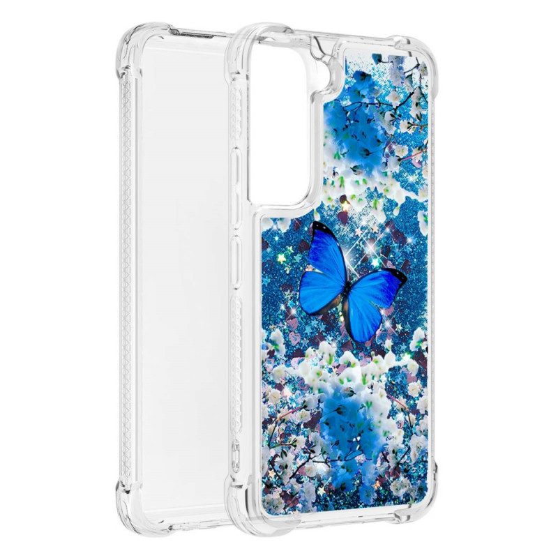 Hoesje voor Samsung Galaxy S22 5G Glitter Blauwe Vlinders