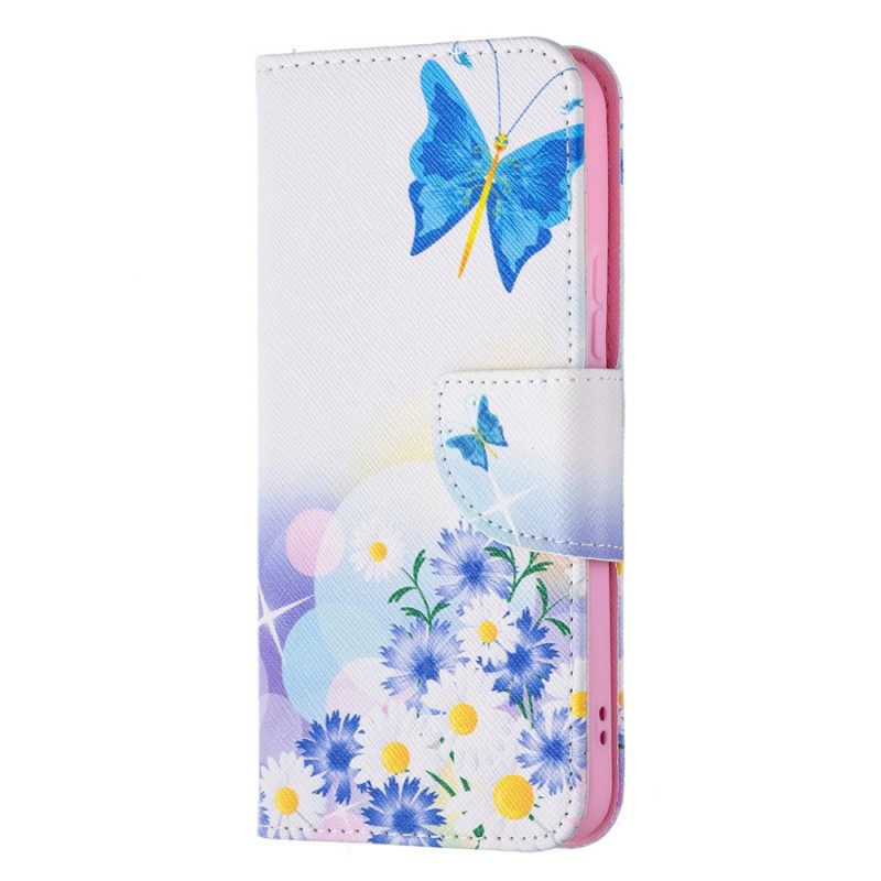 Leren Hoesje voor Samsung Galaxy S22 5G Geschilderde Vlinders En Bloemen