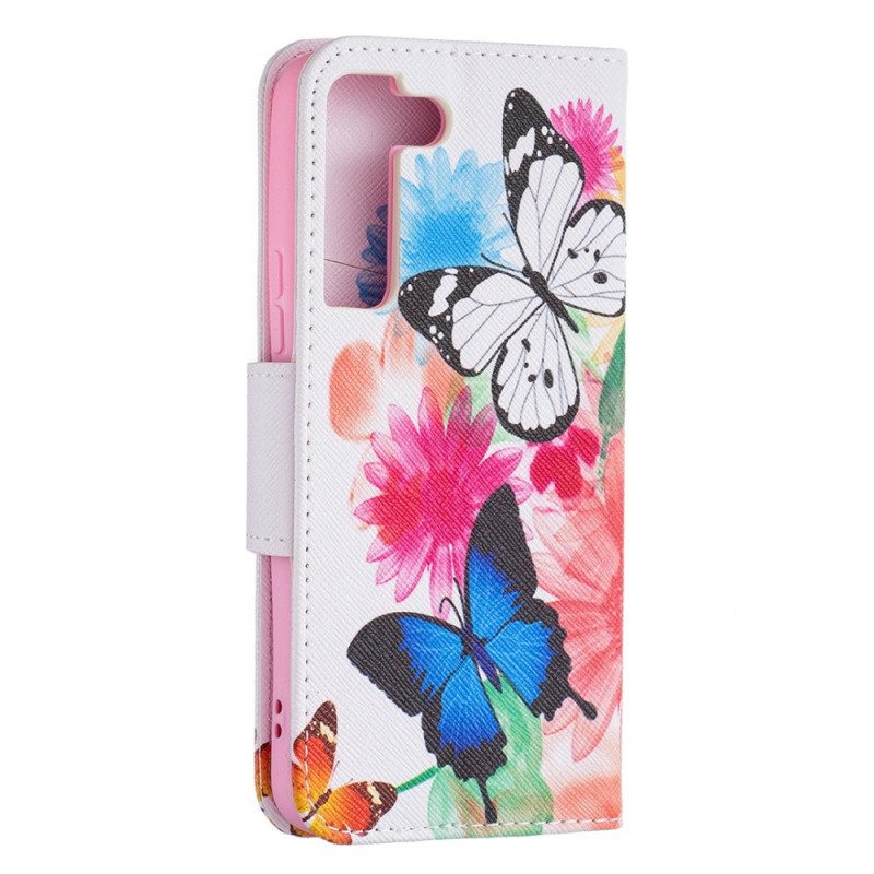 Leren Hoesje voor Samsung Galaxy S22 5G Geschilderde Vlinders En Bloemen